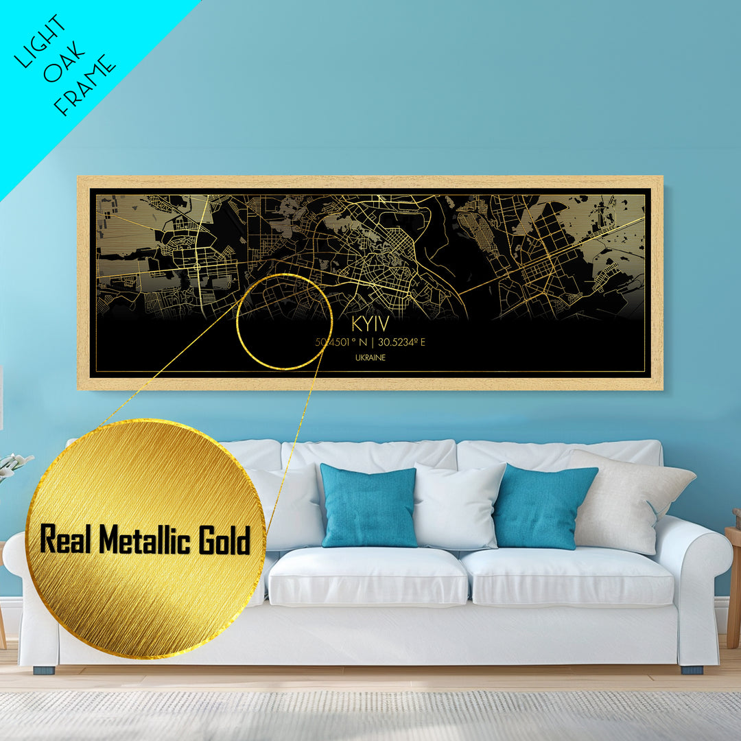 Kyiv Ukraine City Poster, Panoramic street map, black and gold, Metallic Gold Art, Metal Art, wood framed map, Wall Art, College Dorm Décor