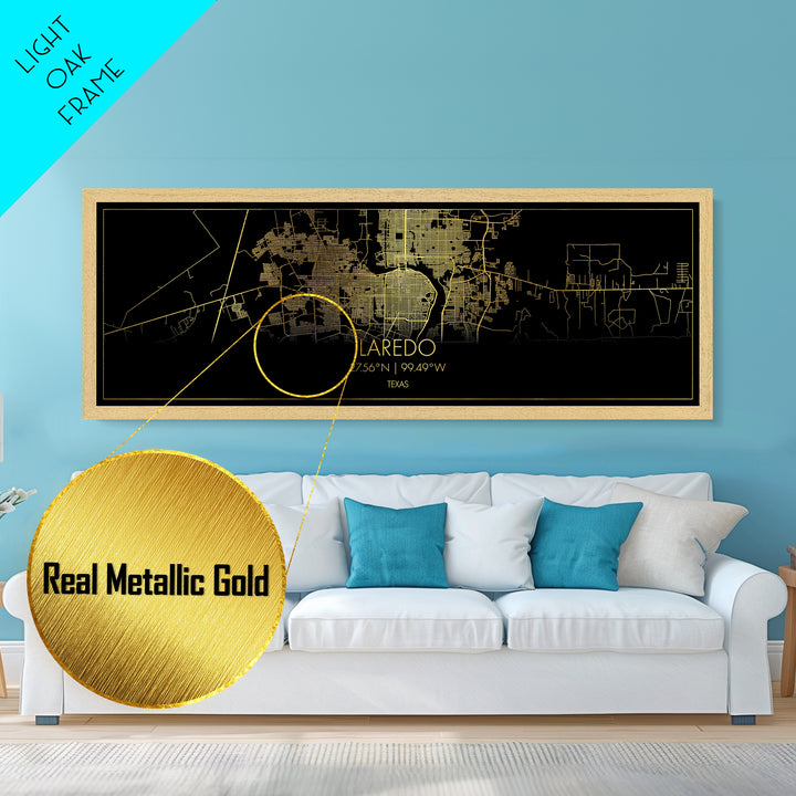 Laredo Texas City street map, Panoramic art, black and gold, Metallic Gold Print, Metal Art, real wood frames, Housewarming Gift