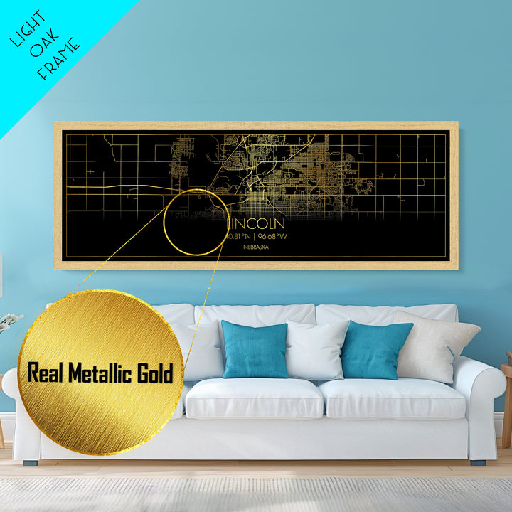 Lincoln Nebraska City Poster, Panoramic street map, black and gold, Metallic Gold Art, Metal Art, wood framed map, College Dorm Décor
