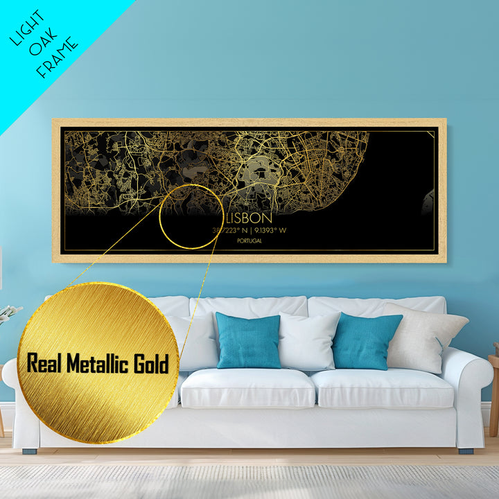 Lisbon Portugal map, Panoramic art, black and gold, Metallic Gold Print, Metal Art, real wood frames, Modern Wall Art, Housewarming Gift