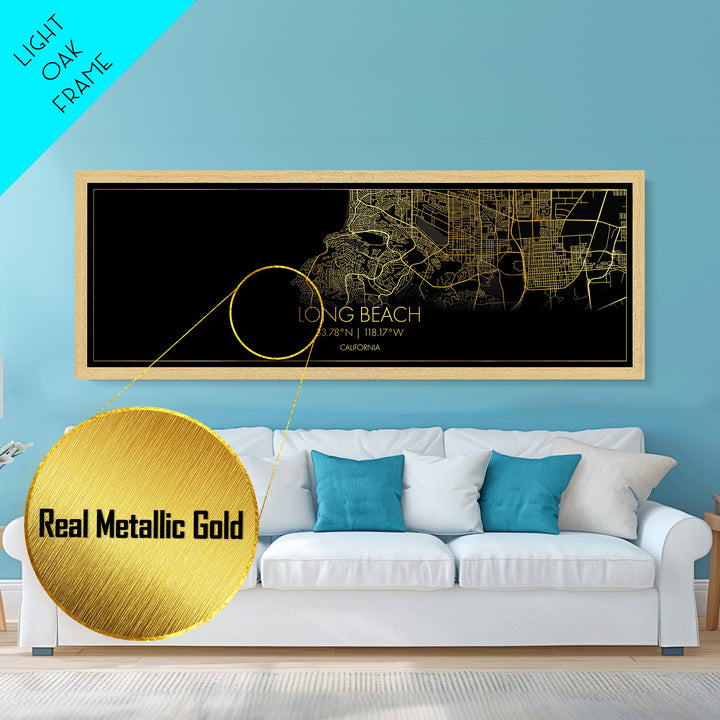 Long Beach California City Poster, Panoramic street map, black and gold, Metallic Gold Art, Metal Art, wood framed map, Housewarming Gift