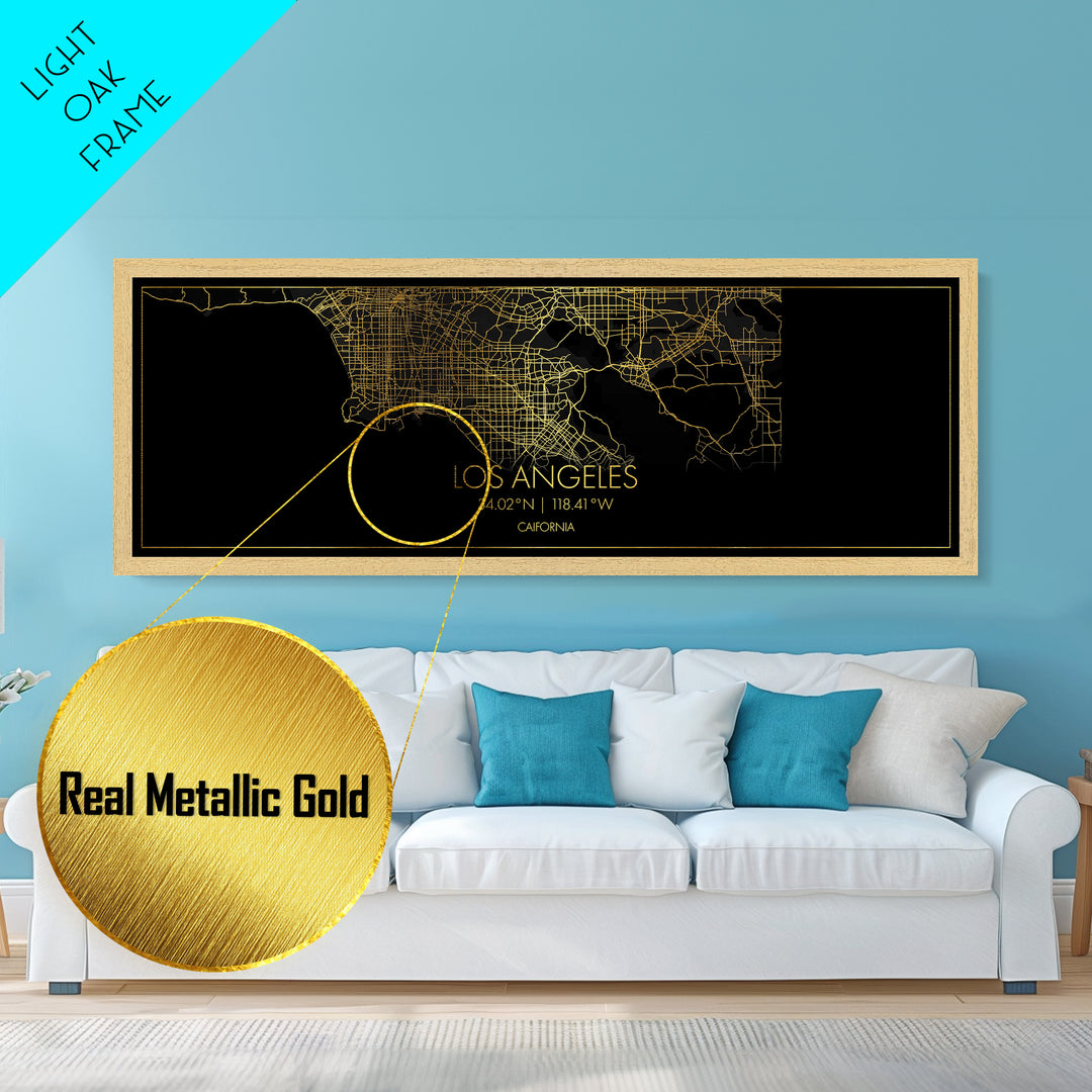 Los Angeles California map, Panoramic art, black and gold, Metallic Gold Print, Metal Art, real wood frames, Modern House Art, Street Map