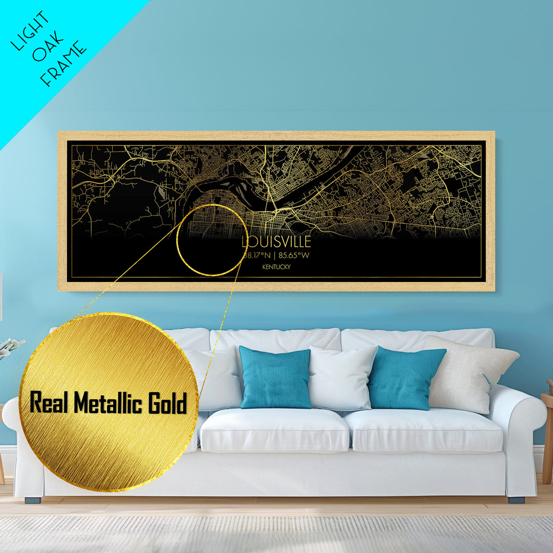 Louisville Kentucky City Poster, Panoramic street map, black and gold, Metallic Gold Art, Metal Art, wood framed map, Housewarming Gift