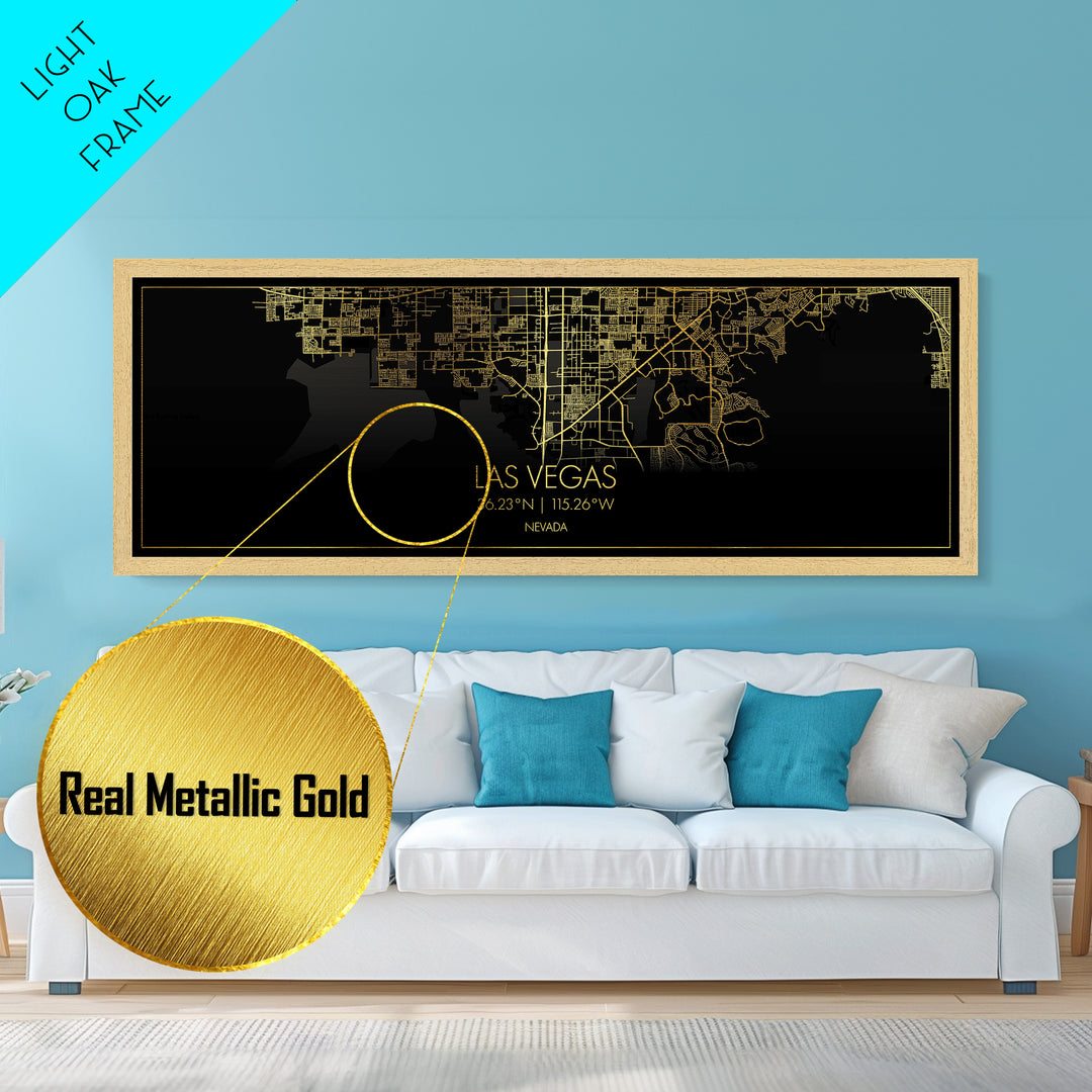 Las Vegas Nevada City street map, Panoramic art, black and gold, Metallic Gold Print, Metal Art, real wood frames, Street Map Art