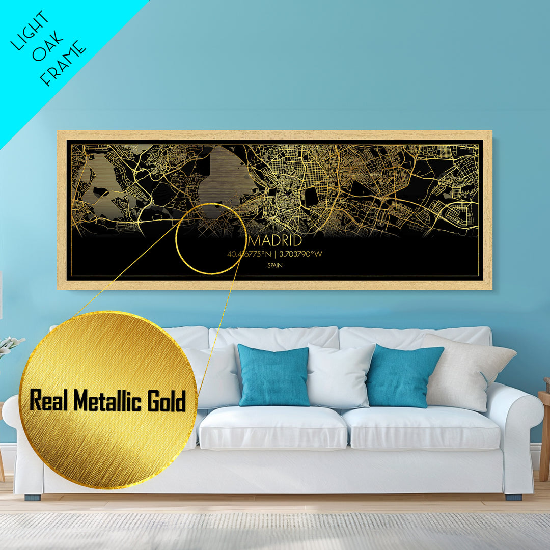 Madrid Spain City Poster, Panoramic street map, black and gold, Metallic Gold Art, Metal Art, wood framed map, College Dorm Décor