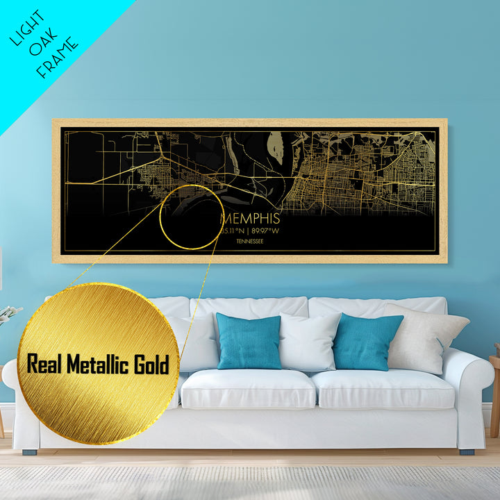 Memphis Tennessee City street map, Panoramic art, black and gold, Metallic Gold Print, Metal Art, real wood frames, Housewarming Gift