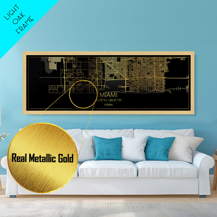 Miami Florida City street map, Panoramic art, black and gold, Metallic Gold Print, Metal Art, real wood frames, Office Decor, Wall Art