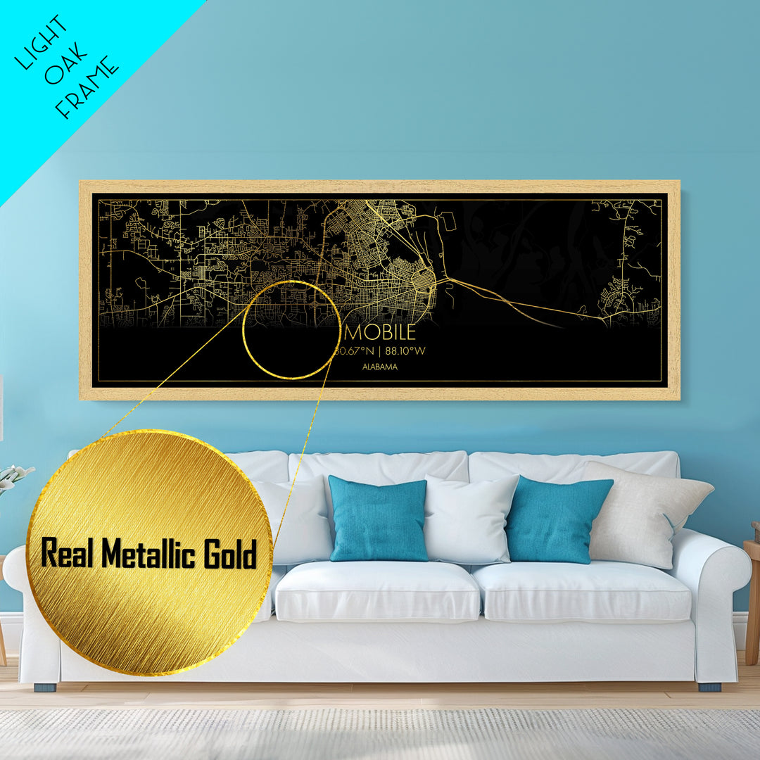 Mobile Alabama City street map, Panoramic art, black and gold, Metallic Gold Print, Metal Art, real wood frames, Housewarming Gift