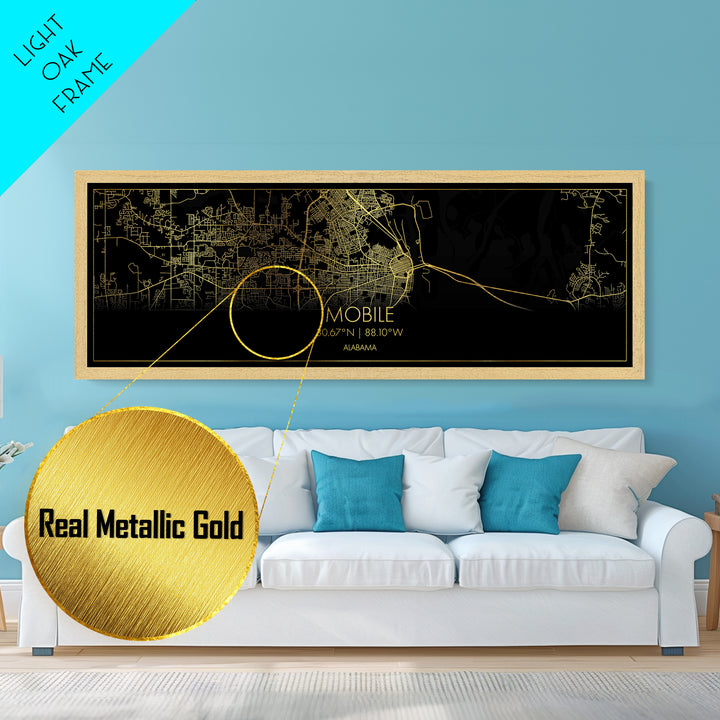 Mobile Alabama City street map, Panoramic art, black and gold, Metallic Gold Print, Metal Art, real wood frames, Housewarming Gift