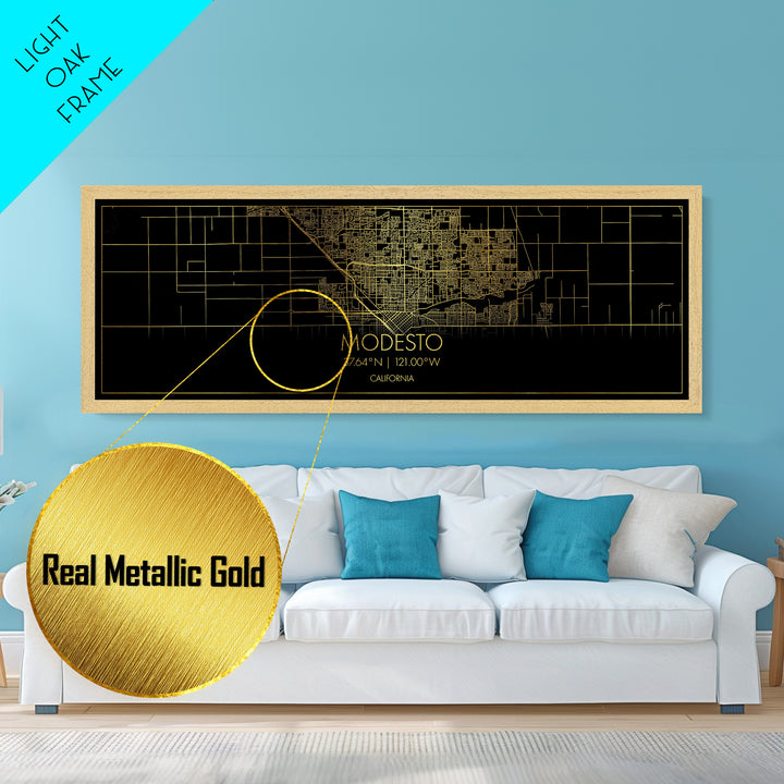Modesto California City Poster, Panoramic street map, black and gold, Metallic Gold Art, Metal Art, wood framed map, Modern House Art