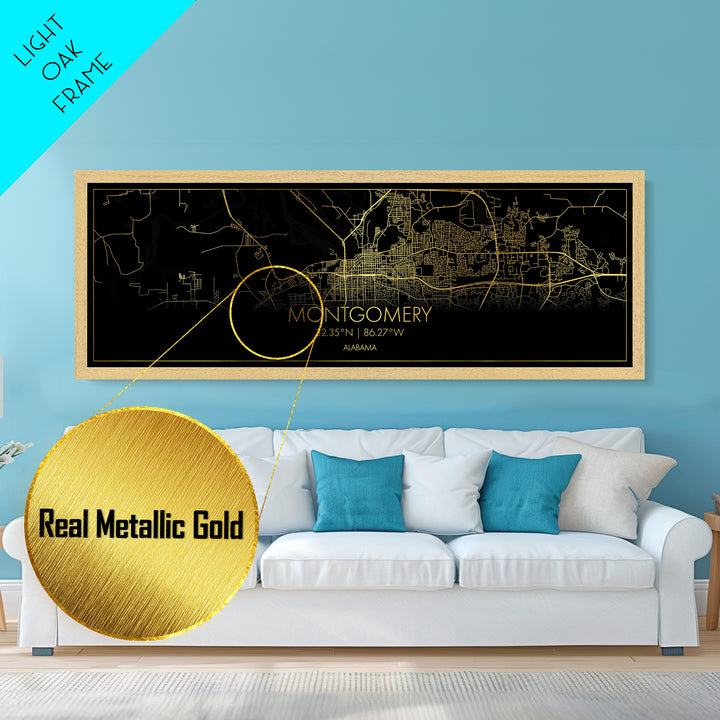 Montgomery Alabama City street map, Panoramic art, black and gold, Metallic Gold Print, Metal Art, real wood frames,  City Map Print Poster