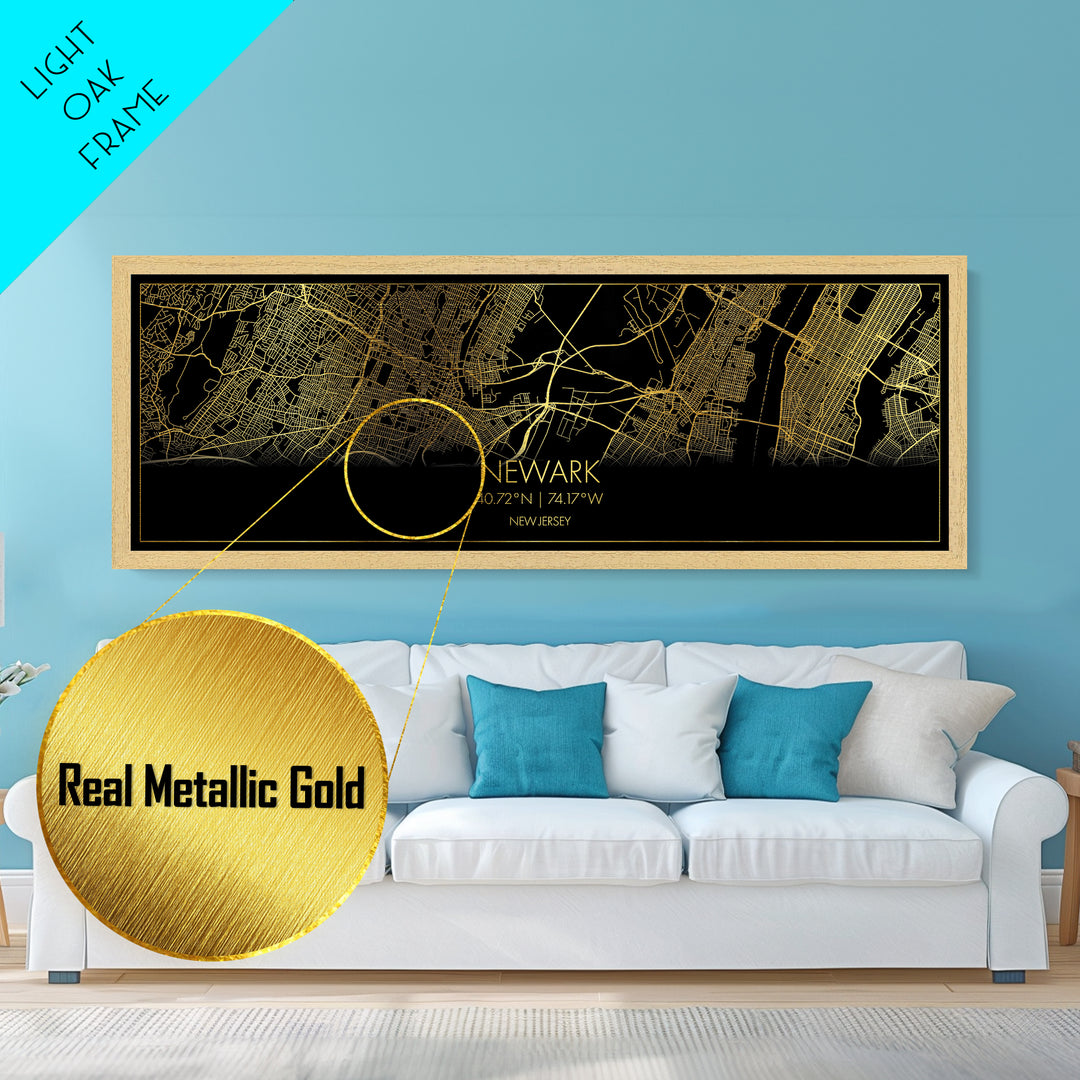Newark New Jersey City Poster, Panoramic street map, black and gold, Metallic Gold Art, Metal Art, wood framed map, Wall Art, Closing Gift