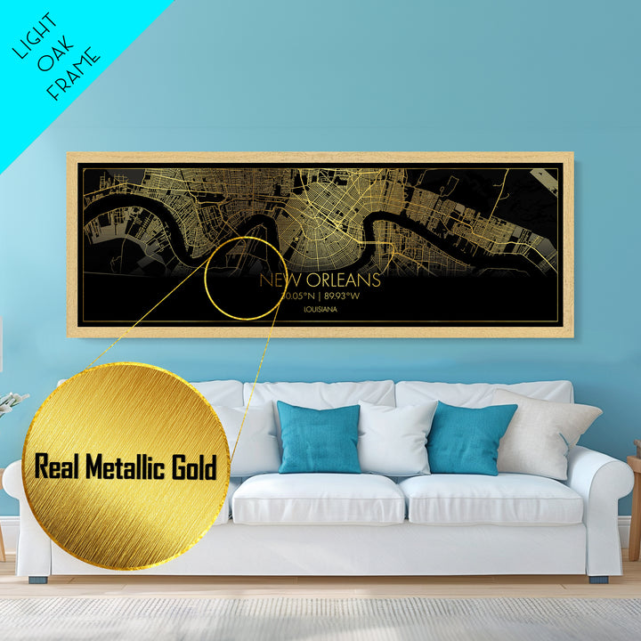 New Orleans Louisiana City street map, Panoramic art, black and gold, Metallic Gold Print, Metal Art, real wood frames, Housewarming Gift