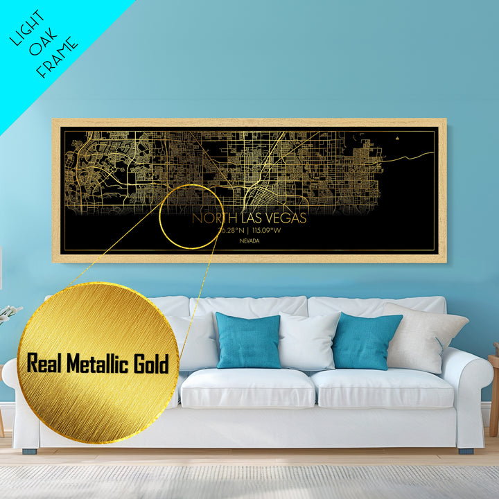 North Las Vegas Nevada City street map, Panoramic art, black and gold, Metallic Gold Print, Metal Art, real wood frames, Best Friend Gifts