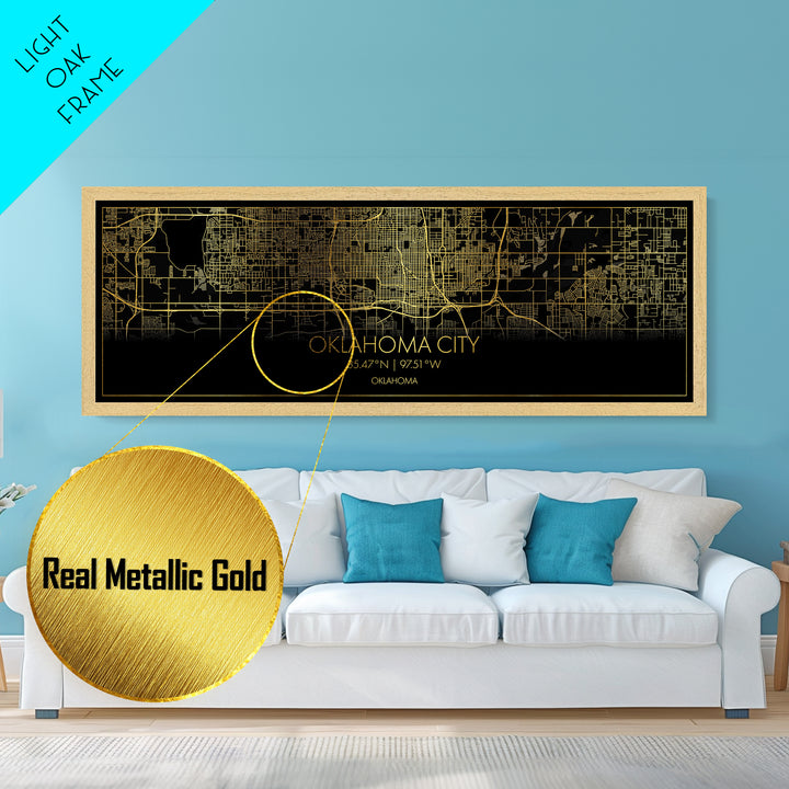 Oklahoma City Oklahoma City Poster, Panoramic street map, black and gold, Metallic Gold Art, Metal Art, wood framed map, Street Map Art
