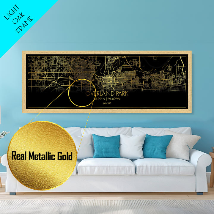 Overland Park Kansas City street map, Panoramic art, black and gold, Metallic Gold Print, Metal Art, real wood frames, Minimalist Wall Art