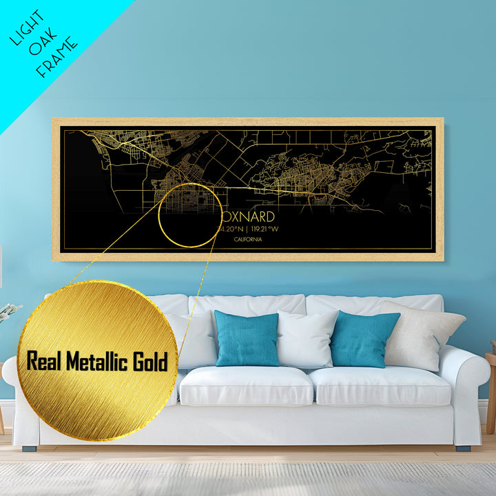 Oxnard California City Poster, Panoramic street map, black and gold, Metallic Gold Art, Metal Art, wood framed map, Housewarming Gift