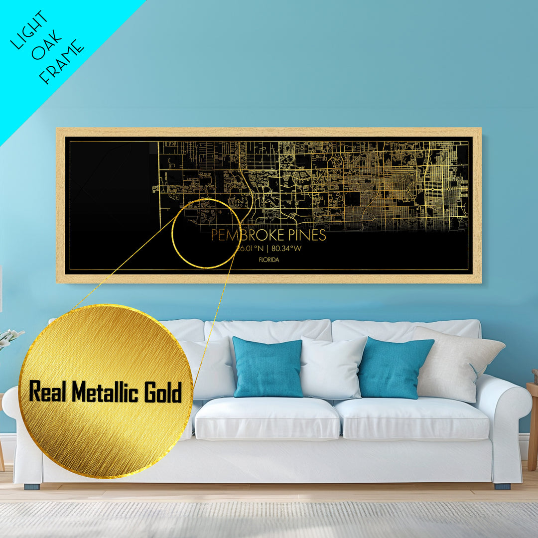 Pembroke Pines Florida City Poster, Panoramic street map, black and gold, Metallic Gold Art, Metal Art, wood framed map, Best Friend Gifts