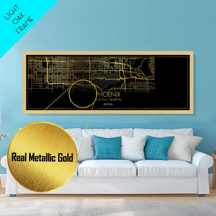 Phoenix Arizona City street map, Panoramic art, black and gold, Metallic Gold Print, Metal Art, real wood frames, Housewarming Gift