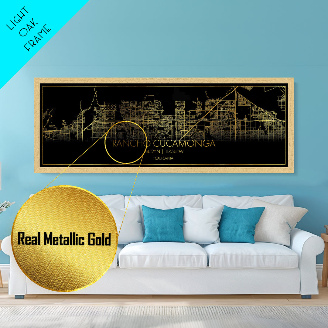 Rancho Cucamonga California street map, Panoramic art, black and gold, Metallic Gold Print, Metal Art, real wood frames, Housewarming Gift
