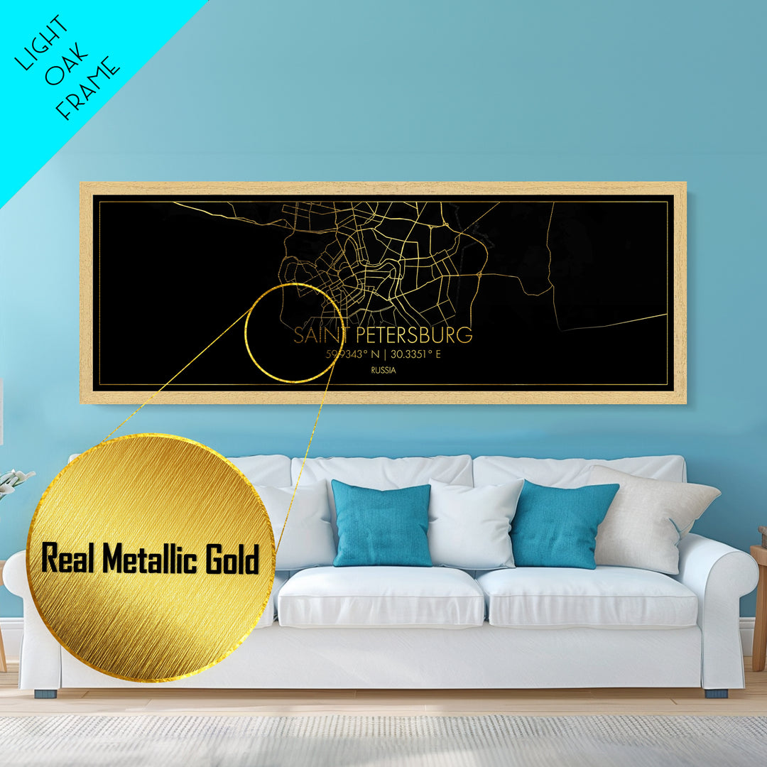 Saint Petersburg Russia City street map, Panoramic art, black and gold, Metallic Gold Print, Metal Art, real wood frames, Housewarming Gift