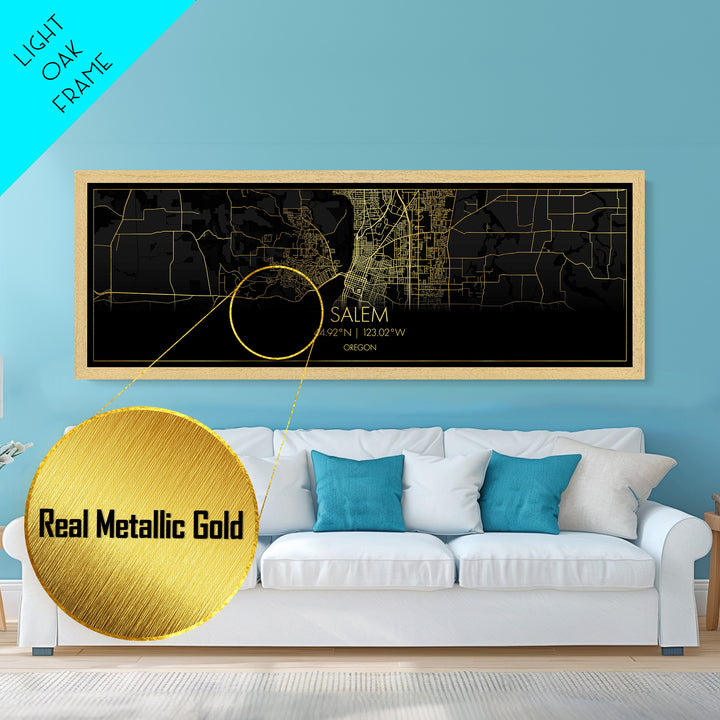 Salem Oregon City Poster, Panoramic street map, black and gold, Metallic Gold Art, Metal Art, wood framed map, City Map Print Poster