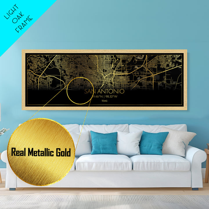 San Antonio Texas Poster, Panoramic street map, black and gold, Metallic Gold Art, Metal Art, wood framed map, Best Friend Gifts