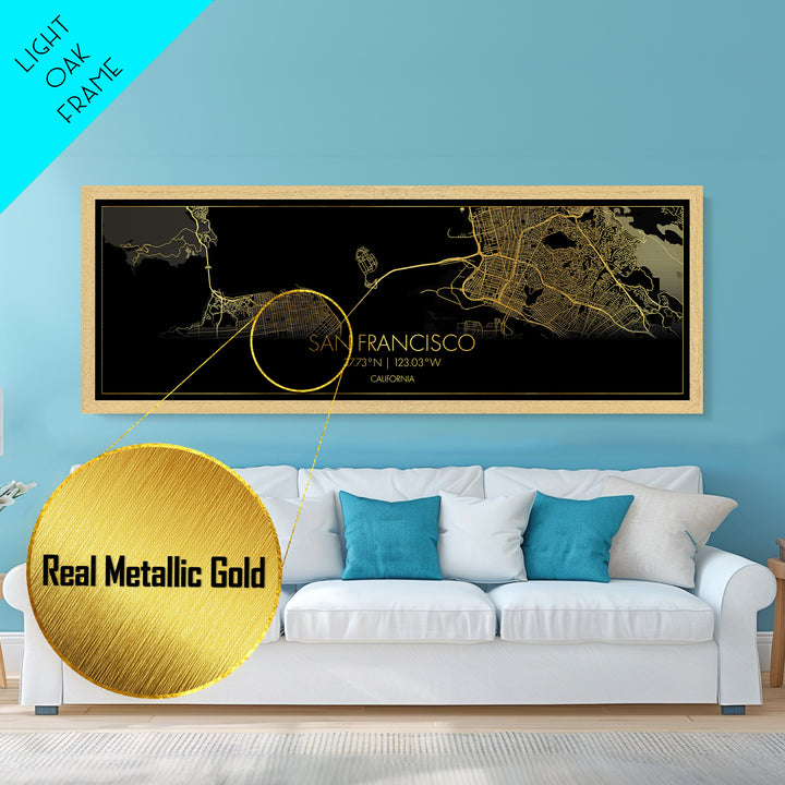 San Francisco California City street map, Panoramic art, black and gold, Metallic Gold Print, Metal Art, real wood frames, Housewarming Gift