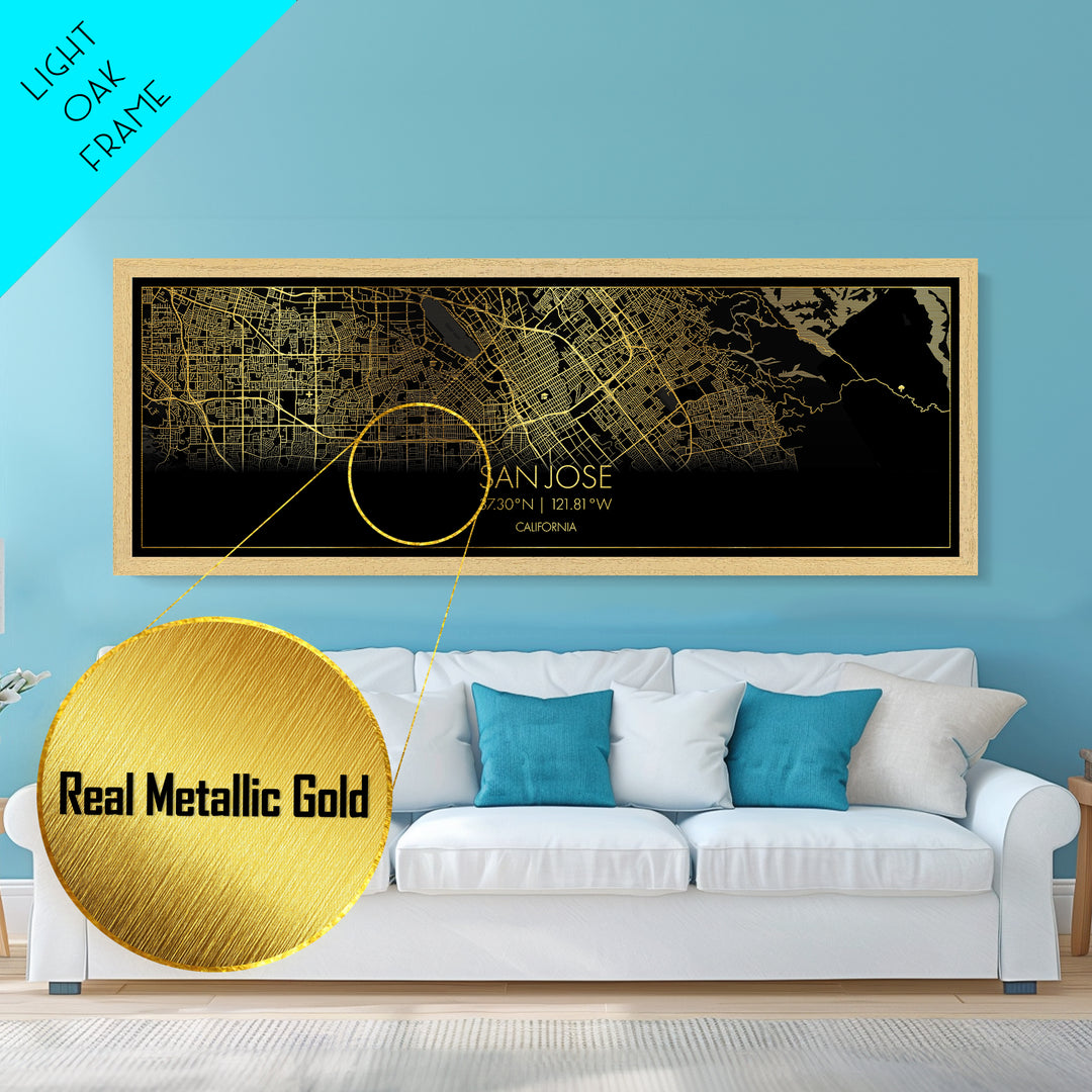 San Jose California City Poster, Panoramic street map, black and gold, Metallic Gold Art, Metal Art, wood framed map, Map Print Poster