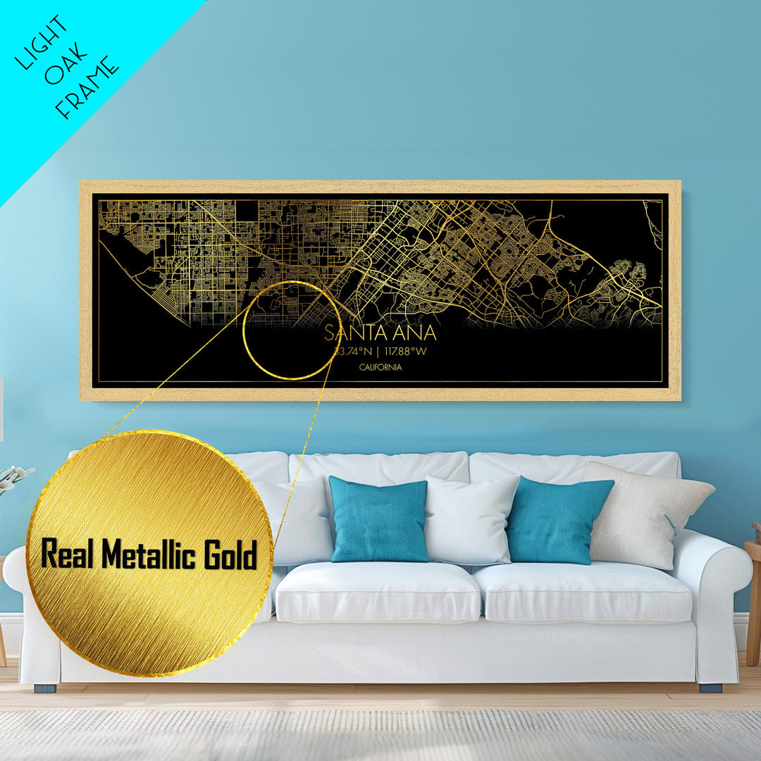 Santa Ana California City street map, Panoramic art, black and gold, Metallic Gold Print, Metal Art, real wood frames, Office Décor