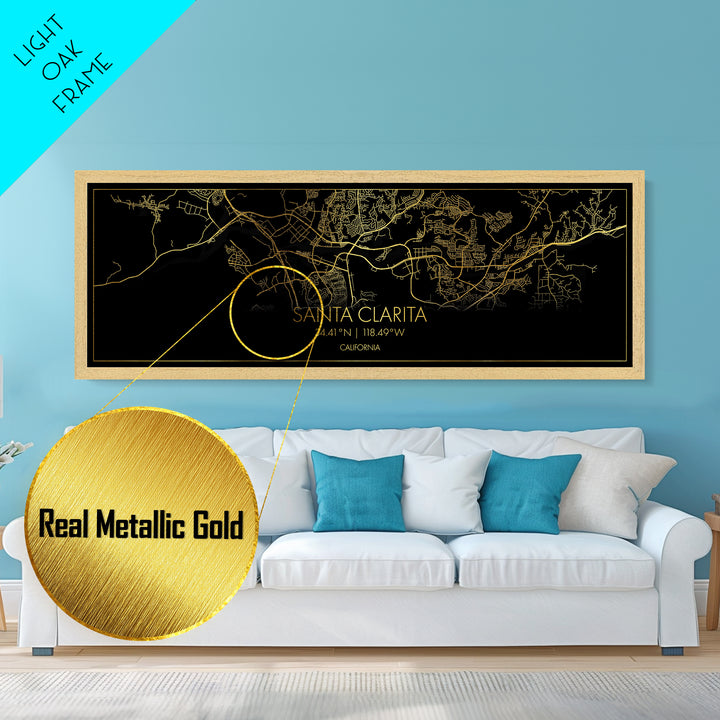 Santa Clarita California City Poster, Panoramic street map, black and gold, Metallic Gold Art, Metal Art, wood framed map, Street Map Art