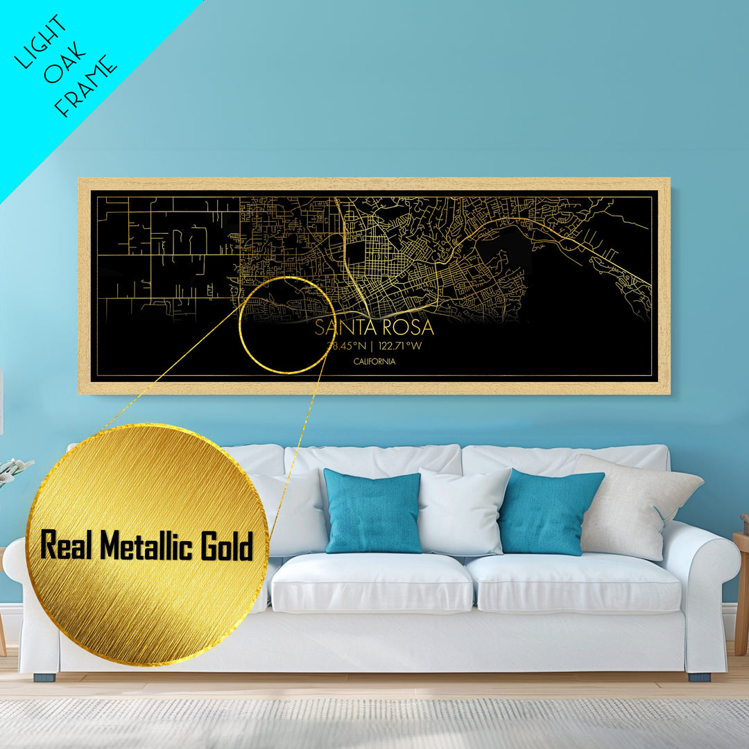 Santa Rosa California City street map, Panoramic art, black and gold, Metallic Gold Print, Metal Art, real wood frames, College Dorm Décor