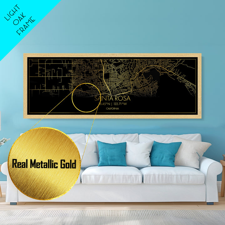 Santa Rosa California City street map, Panoramic art, black and gold, Metallic Gold Print, Metal Art, real wood frames, College Dorm Décor
