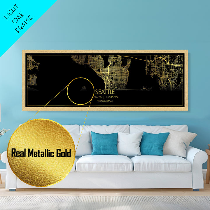 Seattle Washington City street map, Panoramic art, black and gold, Metallic Gold Print, Metal Art, real wood frames, Office Décor