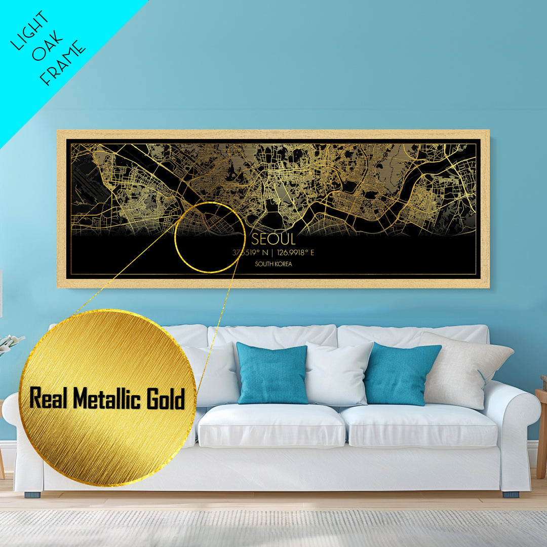 Seoul South Korea City Poster, Panoramic street map, black and gold, Metallic Gold Art, Metal Art, wood framed map, Modern Wall Art