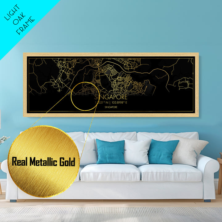 Singapore Singapore City Poster, Panoramic street map, black and gold, Metallic Gold Art, Metal Art, wood framed map, Office Décor