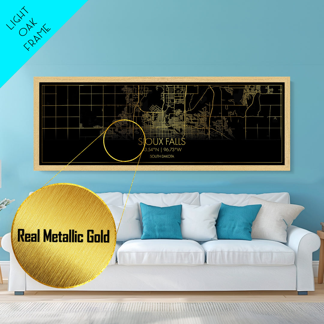 Sioux Falls South Dakota City street map, Panoramic art, black and gold, Metallic Gold Print, Metal Art, real wood frames, Best Friend Gifts