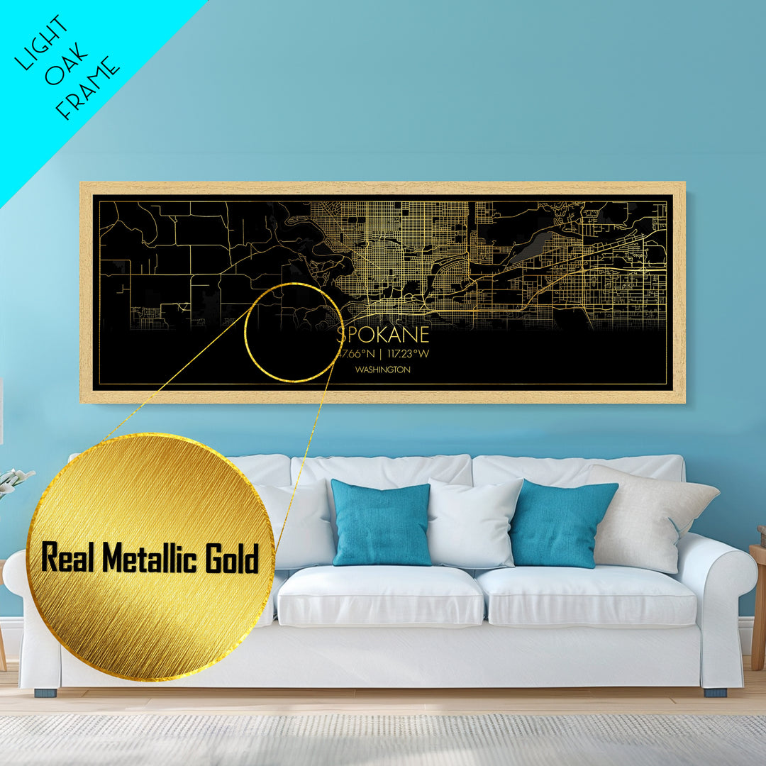 Spokane Washington City street map, Panoramic art, black and gold, Metallic Gold Print, Metal Art, real wood frames, Office Décor
