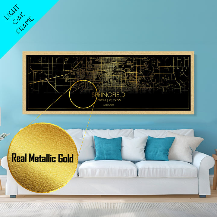 Springfield Missouri City Poster, Panoramic street map, black and gold, Metallic Gold Art, Metal Art, wood framed map, Minimalist Wall Art