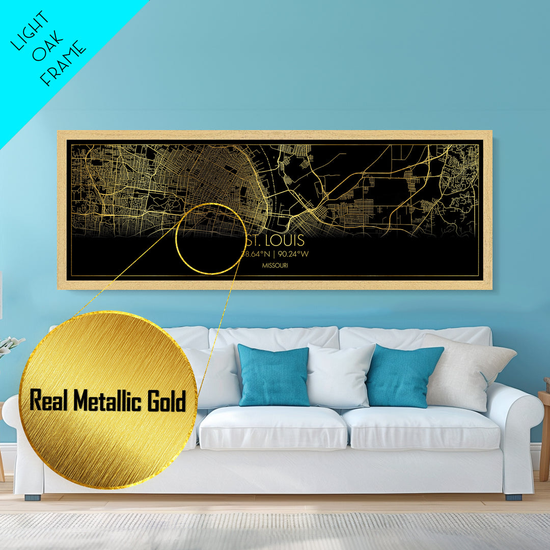 St. Louis Missouri map, Panoramic art, black and gold, Metallic Gold Print, Metal Art, real wood frames, Housewarming Gift, Map Print Poster