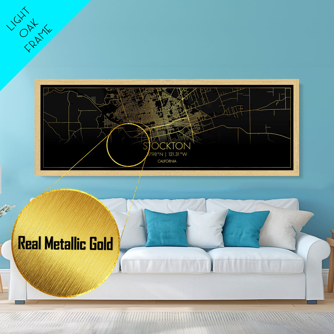 Stockton California City Poster, Panoramic street map, black and gold, Metallic Gold Art, Metal Art, wood framed map, Wall Art, Closing Gift