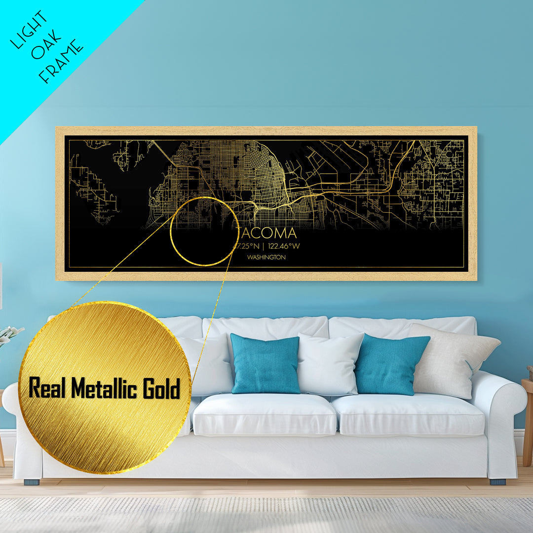 Tacoma Washington City street map, Panoramic art, black and gold, Metallic Gold Print, Metal Art, real wood frames, Map Print Poster