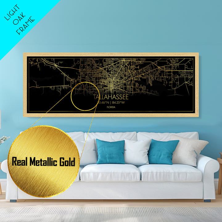 Tallahassee Florida City Poster, Panoramic street map, black and gold, Metallic Gold Art, Metal Art, wood framed map, Housewarming Gift