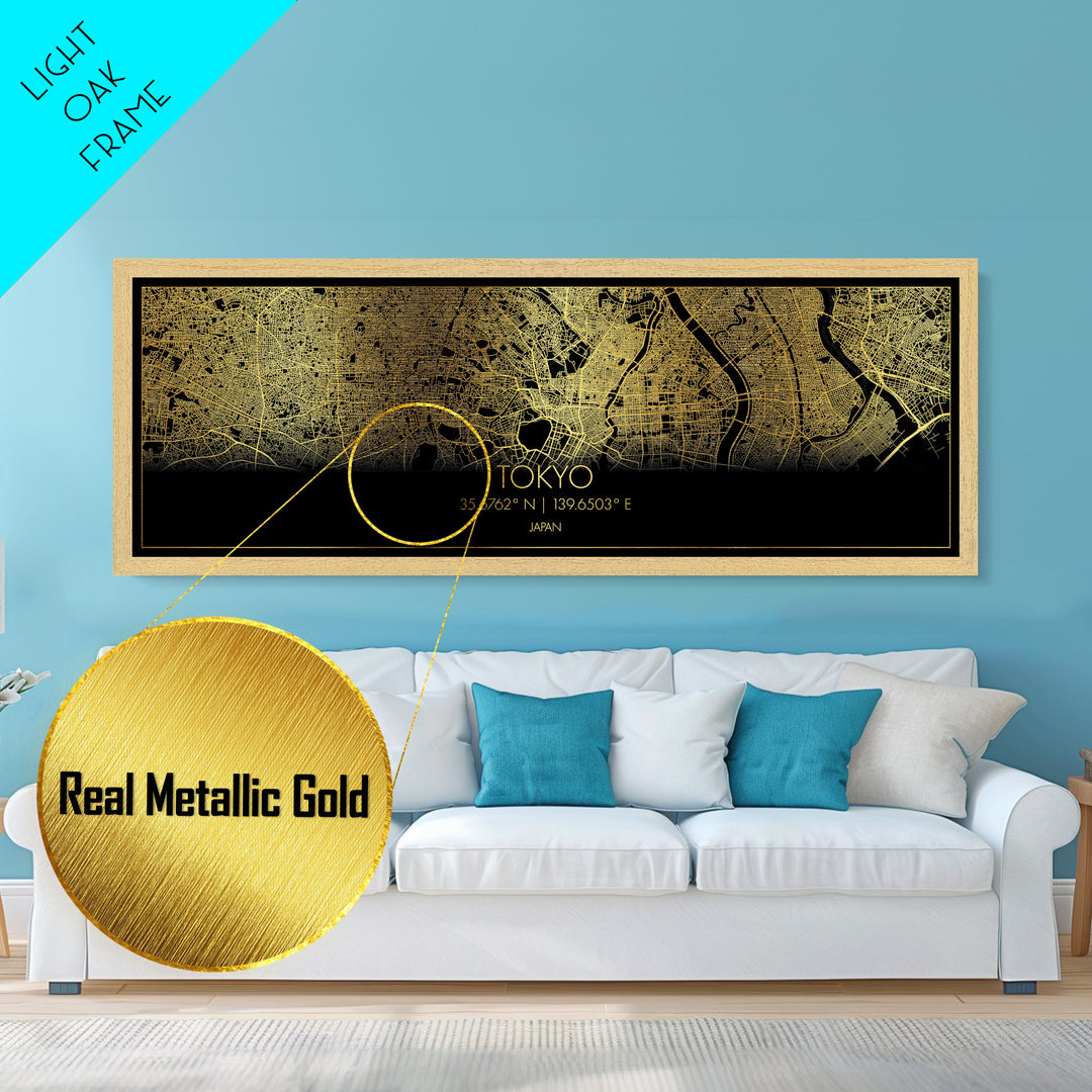 Tokyo Japan City street map, Panoramic art, black and gold, Metallic Gold Print, Metal Art, real wood frames, College Dorm Décor