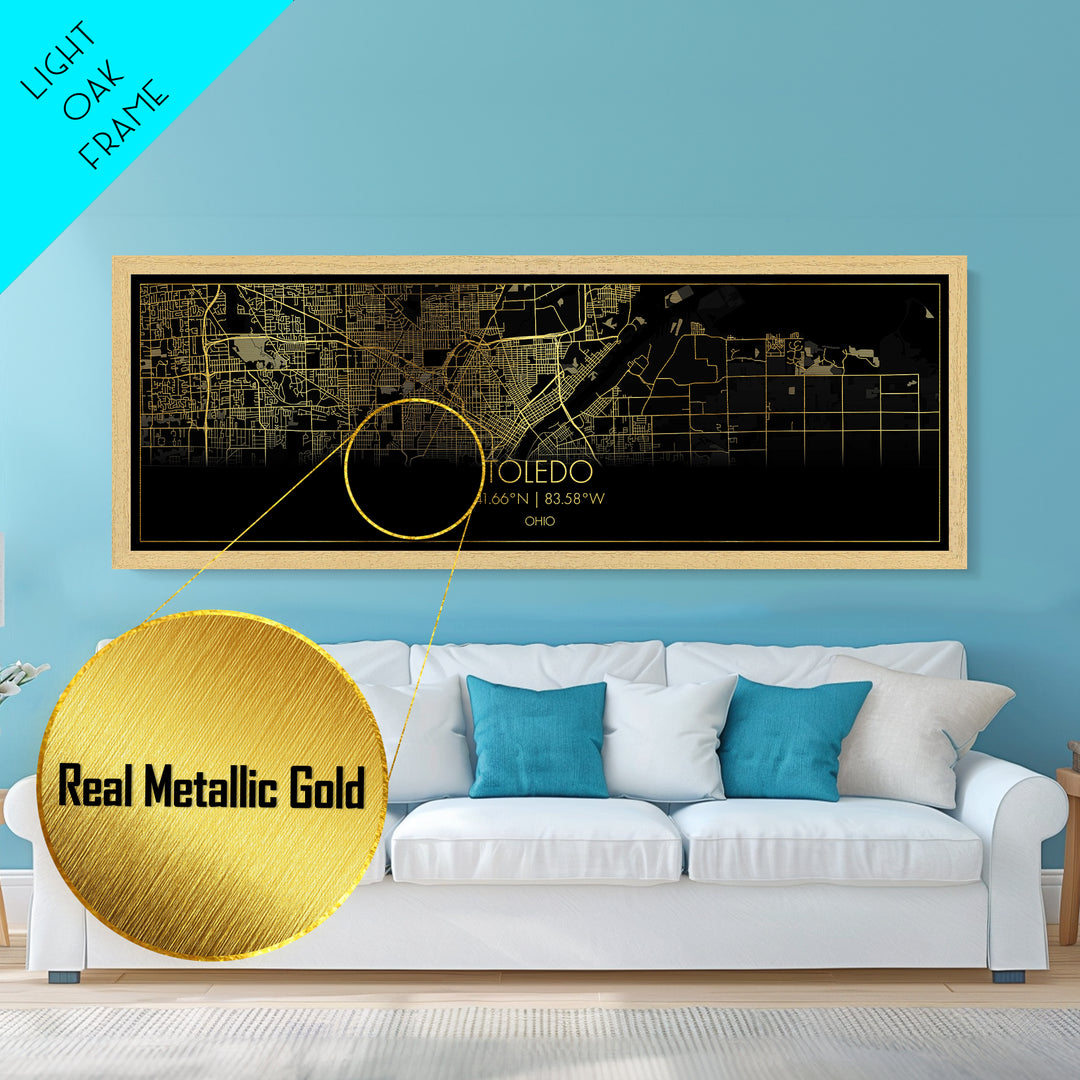 Toledo Ohio City Poster, Panoramic street map, black and gold, Metallic Gold Art, Metal Art, wood framed map, Modern Wall Art