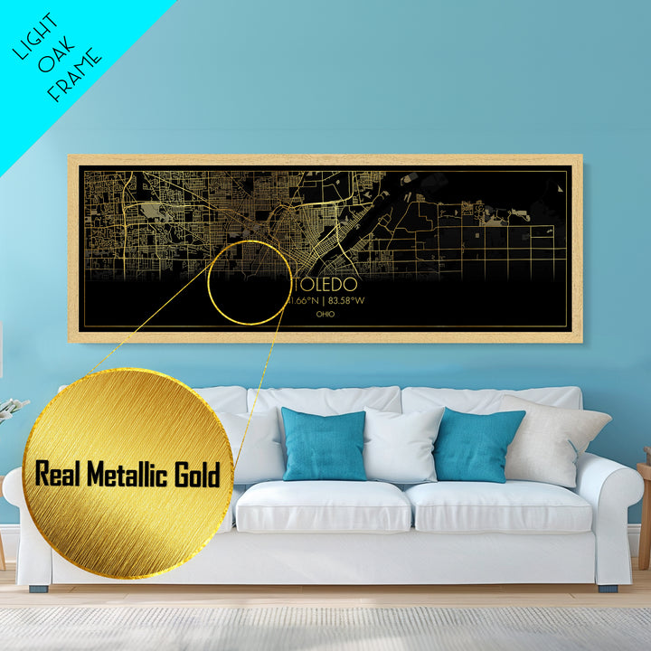 Toledo Ohio City Poster, Panoramic street map, black and gold, Metallic Gold Art, Metal Art, wood framed map, Modern Wall Art