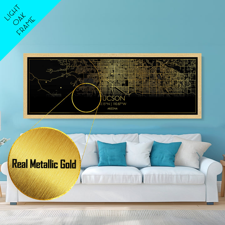 Tucson Arizona City street map, Panoramic art, black and gold, Metallic Gold Print, Metal Art, real wood frames, Housewarming Gift