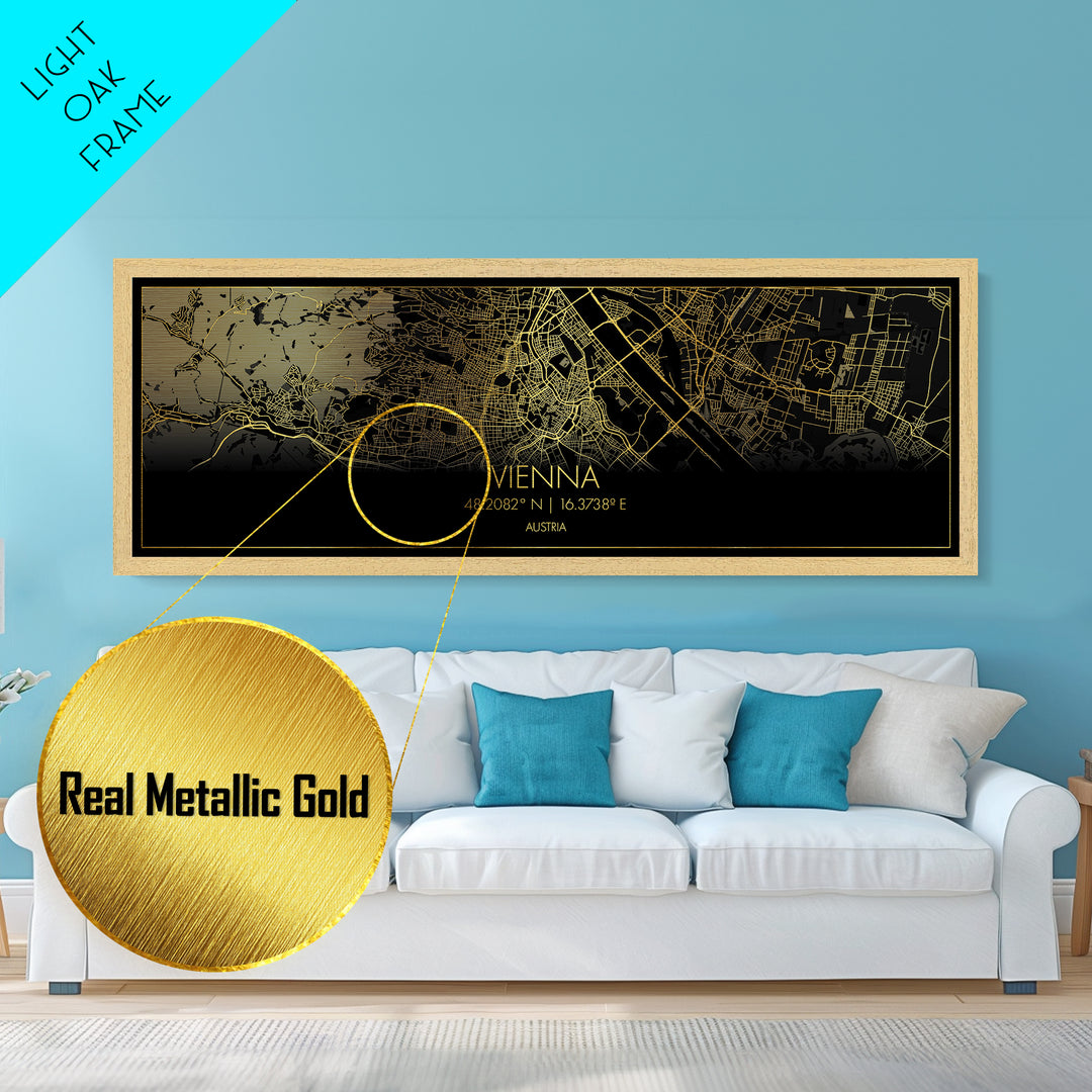Vienna Austria City street map, Panoramic art, black and gold, Metallic Gold Print, Metal Art, real wood frames, Street Map Art, Wall Art