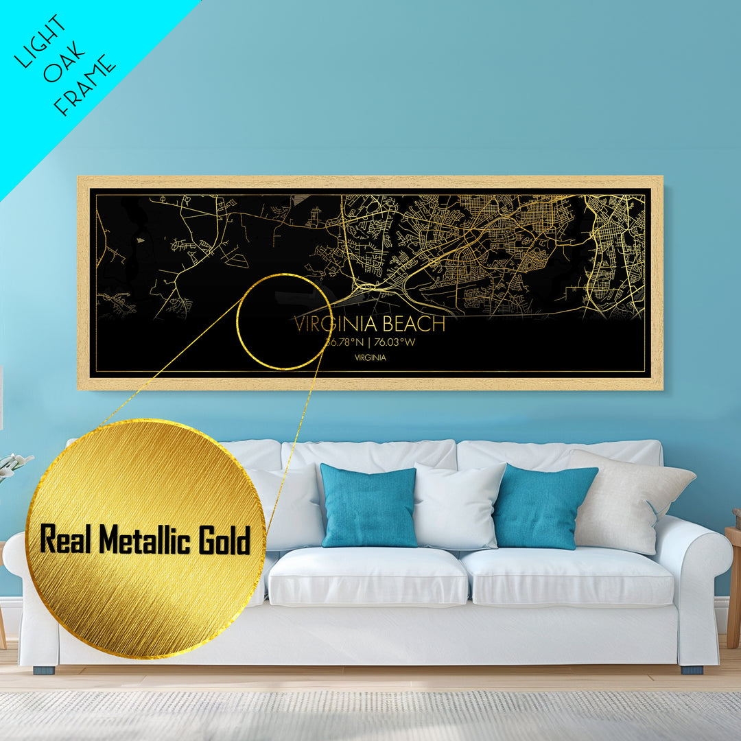 Virginia Beach Virginia City Poster, Panoramic street map, black and gold, Metallic Gold Art, Metal Art, wood framed map, Best Friend Gifts