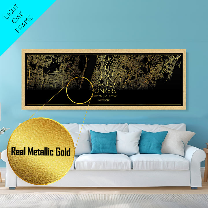 Yonkers New York City street map, Panoramic art, black and gold, Metallic Gold Print, Metal Art, real wood frames, Modern House Art
